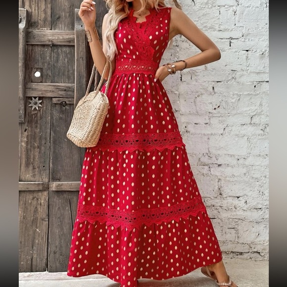 Boho Sheer Lace Panel Tiered Ruffle Red Gold Maxi Dress - Picture 2 of 8